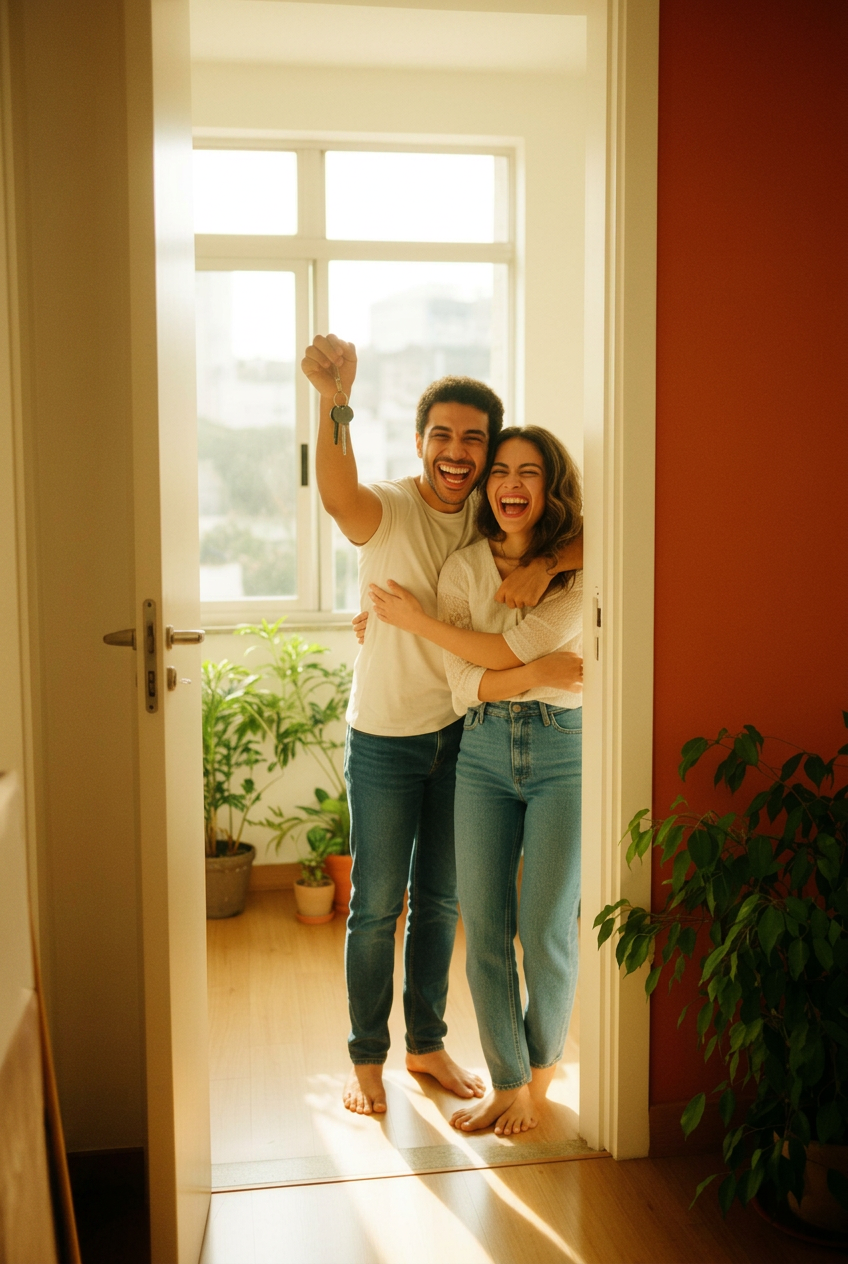 Família recebendo as chaves do imóvel intermediado por uma imobiliária parceira